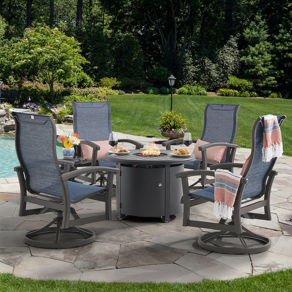 Fairmont Aged Bronze Aluminum with Collect Indigo Sling 5 Piece Swivel Chat Set + 36 in. D Carlisle Fire Pit