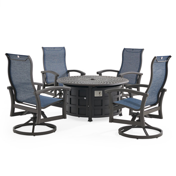 Fairmont Aged Bronze Aluminum with Collect Indigo Sling 5 Piece Swivel Chat Set + 48 in. D Carlisle Fire Pit