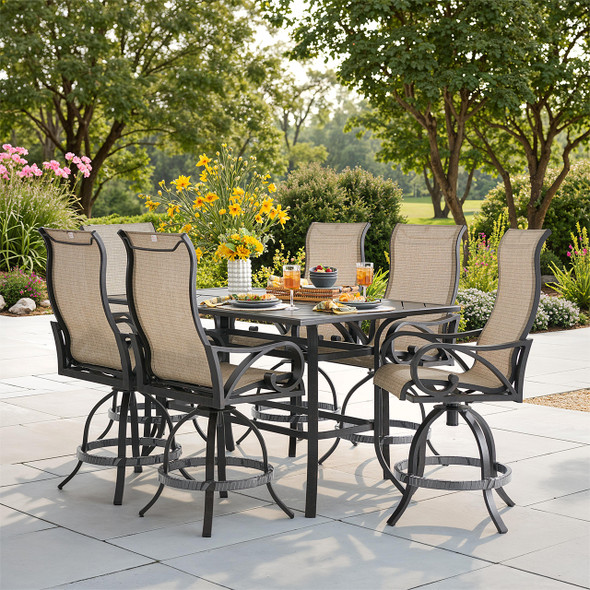 Key West Rustic Bronze Aluminum with Sling 7 Piece Swivel Gathering Set + 70 x 40 in. Table