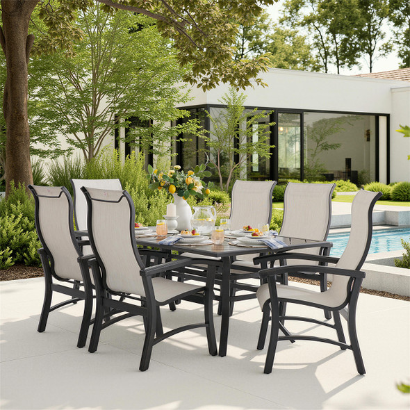 Fairmont Rustic Bronze Aluminum with Sling 7 Piece Dining Set + 70 x 40 in. Table