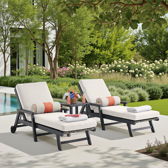 Nantucket Black Polymer and Wicker with Cushions 3 Piece Chaise Lounge Set + 20 x 16 in. Side Table