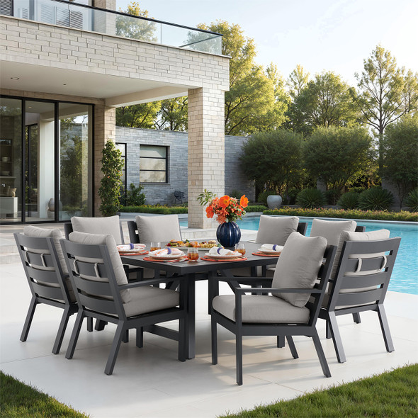 Montecito Charcoal Aluminum with Cushions 9 Piece Dining Set + 66 in. Sq. Table