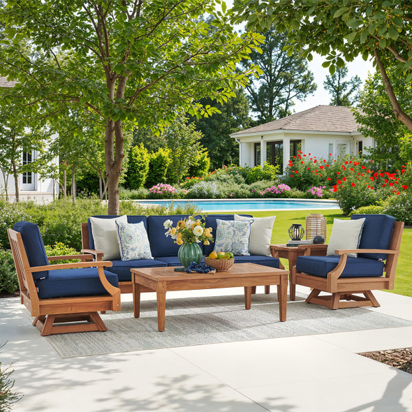 Grand Banks Teak with Cushions 4 Piece Swivel Sofa Group + 47 x 31 in. Coffee Table