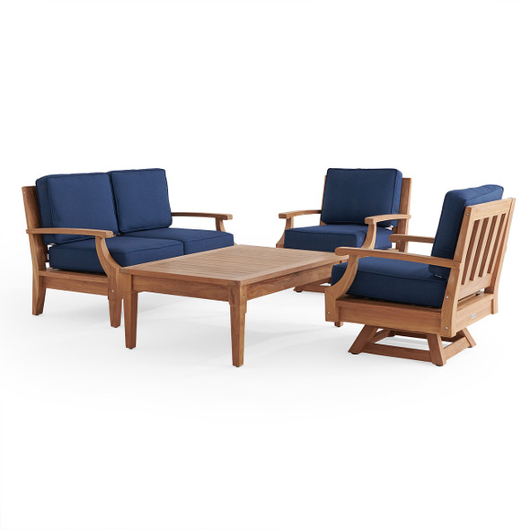 Grand Banks Teak with Cushions 4 Piece Swivel Loveseat Group + 47 x 31 in. Coffee Table