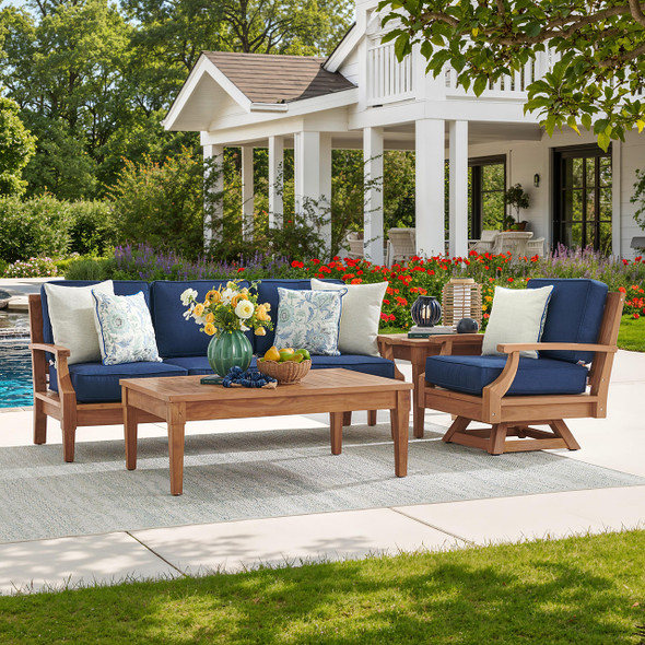 Grand Banks Teak with Cushions 3 Piece Swivel Sofa Group + 47 x 31 in. Coffee Table