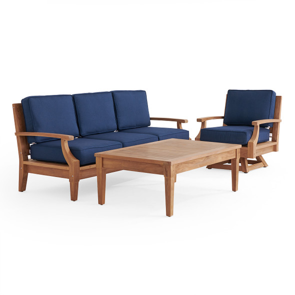 Grand Banks Teak with Cushions 3 Piece Swivel Sofa Group + 47 x 31 in. Coffee Table