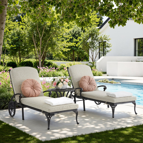 Naples Aged Bronze Cast Aluminum with Cushions 3 Piece Chaise Lounge Set + 22 in. D Table