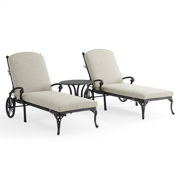 Naples Aged Bronze Cast Aluminum with Cushions 3 Piece Chaise Lounge Set + 22 in. D Table