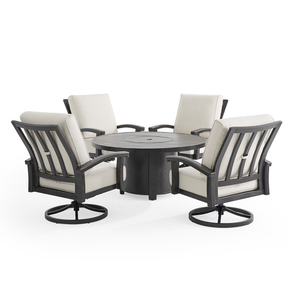 Fairmont Rustic Bronze Aluminum 5-Piece Outdoor Swivel Rocker Chat Set with Cushions and Fire Pit Table, 54 in. Diameter