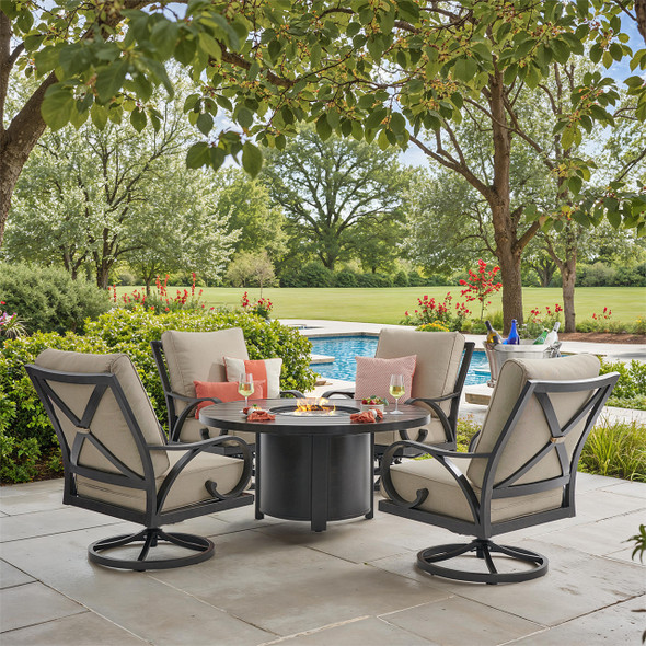 Key West Rustic Bronze Aluminum 5-Piece Outdoor Swivel Rocker Chat Set with Cushions and Fire Pit Table, 54 in. Diameter