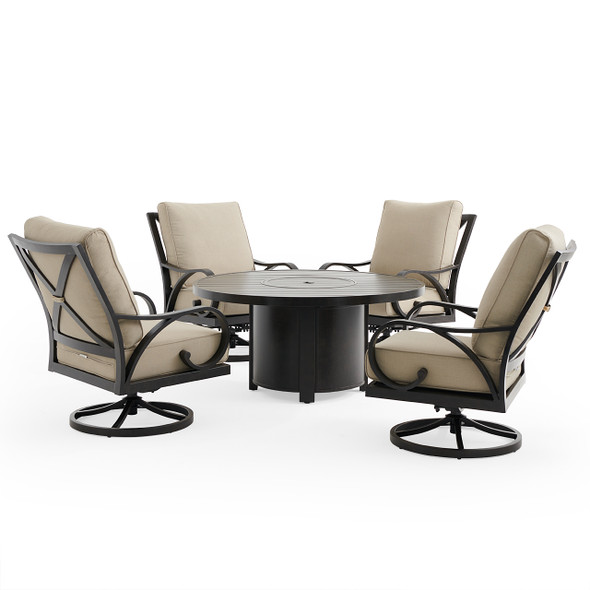 Key West Rustic Bronze Aluminum 5-Piece Outdoor Swivel Rocker Chat Set with Cushions and Fire Pit Table, 54 in. Diameter