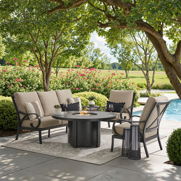 Key West Rustic Bronze Aluminum 4-Piece Outdoor Sofa Set with Cushions and Fire Pit Table, 54 in. Diameter