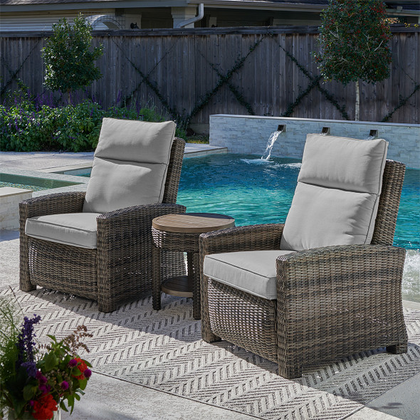Rio Silver Oak Outdoor Wicker with Cozy Ash Cushions 3 Piece Recliner Set + 20 in. D End Table