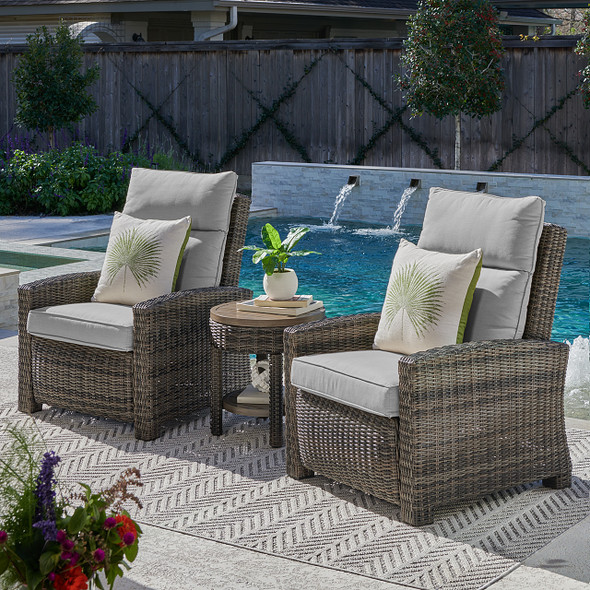 Rio Silver Oak Outdoor Wicker with Cozy Ash Cushions 3 Piece Recliner Set + 20 in. D End Table
