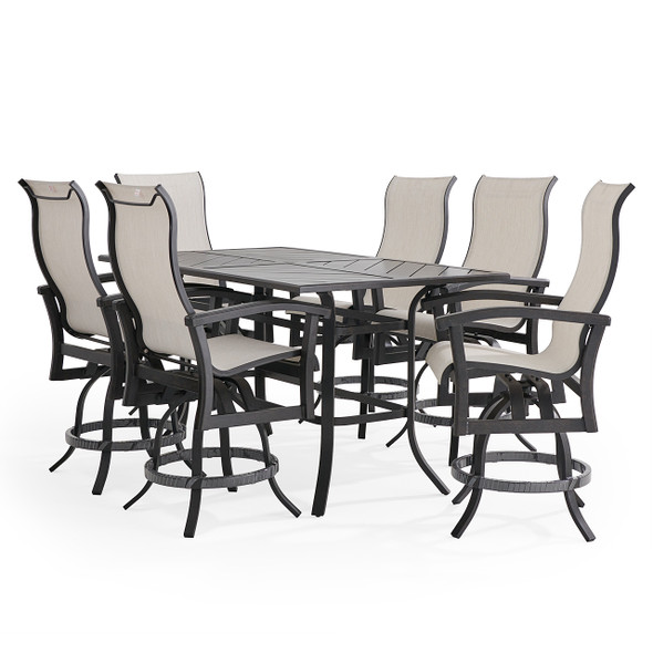 Fairmont Rustic Bronze Aluminum with Site Linen Sling 7 Piece Gathering Height Set + 70 x 42 in. Table