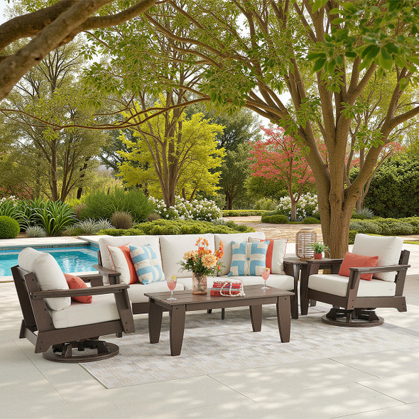 Savannah Mocha Polymer with Cushions 4 Piece Swivel Sofa Group + 48 x 32 in. Coffee Table