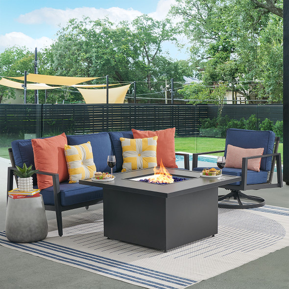 Portofino Husk Midnight Aluminum with Cushions 3 Piece Swivel Sofa Group + 42 in. Sq. Fire Pit Table