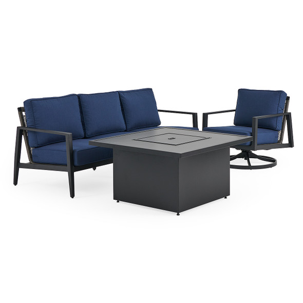 Portofino Husk Midnight Aluminum with Cushions 3 Piece Swivel Sofa Group + 42 in. Sq. Fire Pit Table