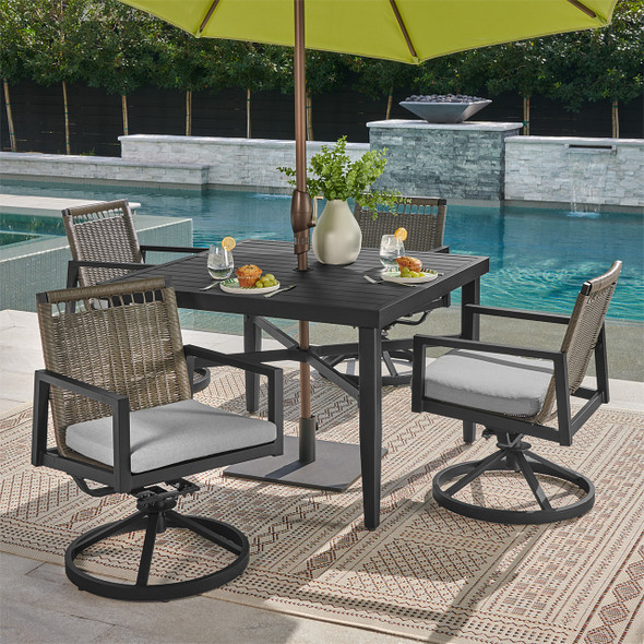 Portofino Husk Midnight Aluminum with Cushions 5 Piece Swivel Dining Set + 43 in. Sq. Table