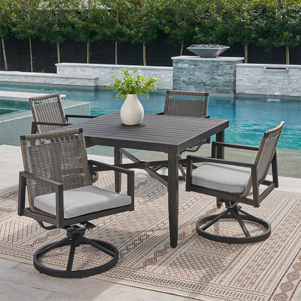 Portofino Husk Midnight Aluminum with Cushions 5 Piece Swivel Dining Set + 43 in. Sq. Table