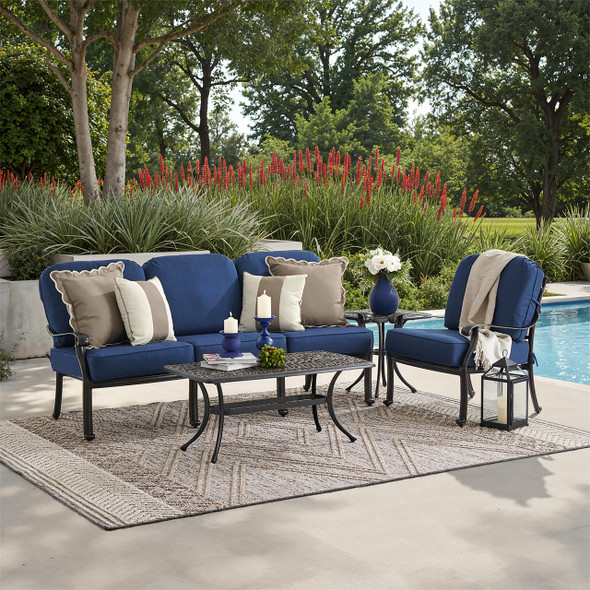 Roma Black Gold Cast Aluminum with Cushions 3 Piece Sofa Group + 42 x 21 in. Coffee Table
