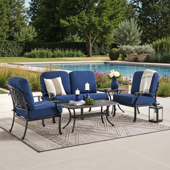 Roma Black Gold Cast Aluminum with Cushions 4 Piece Loveseat Group + 42 x 21 in. Coffee Table