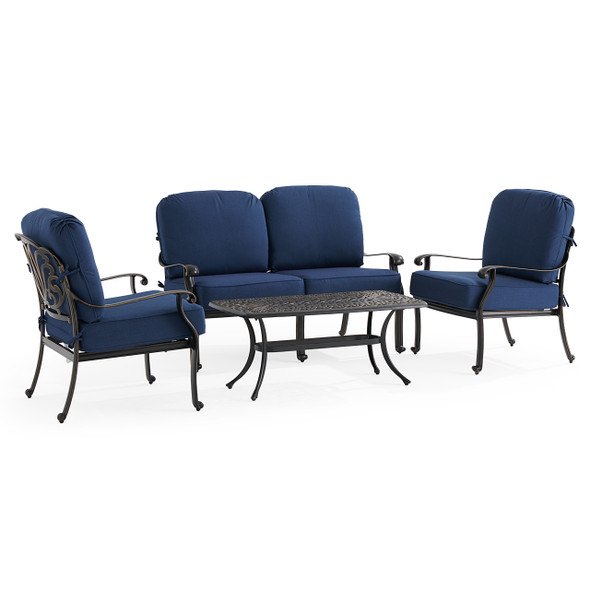 Roma Black Gold Cast Aluminum with Cushions 4 Piece Loveseat Group + 42 x 21 in. Coffee Table
