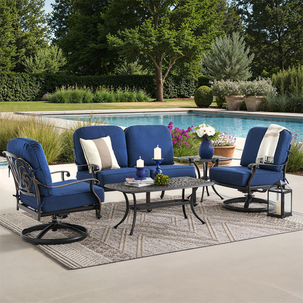 Roma Black Gold Cast Aluminum with Cushions 4 Piece Swivel Loveseat Group + 42 x 21 in. Coffee Table