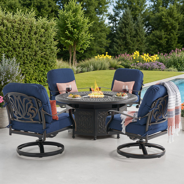 Roma Black Gold Cast Aluminum with Cushions 5 Piece Swivel Chat Set + 52 in. D Gas Fire Pit