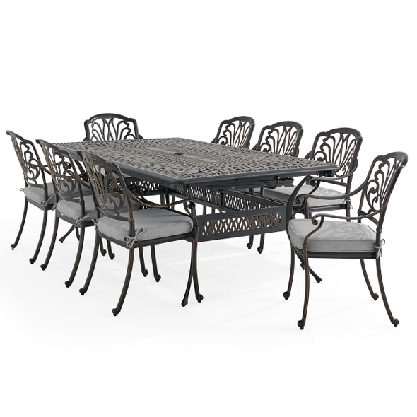 Roma Black Gold Cast Aluminum with Cushions 9 Piece Dining Set + 84-132 x 48 in. Double Extension Table