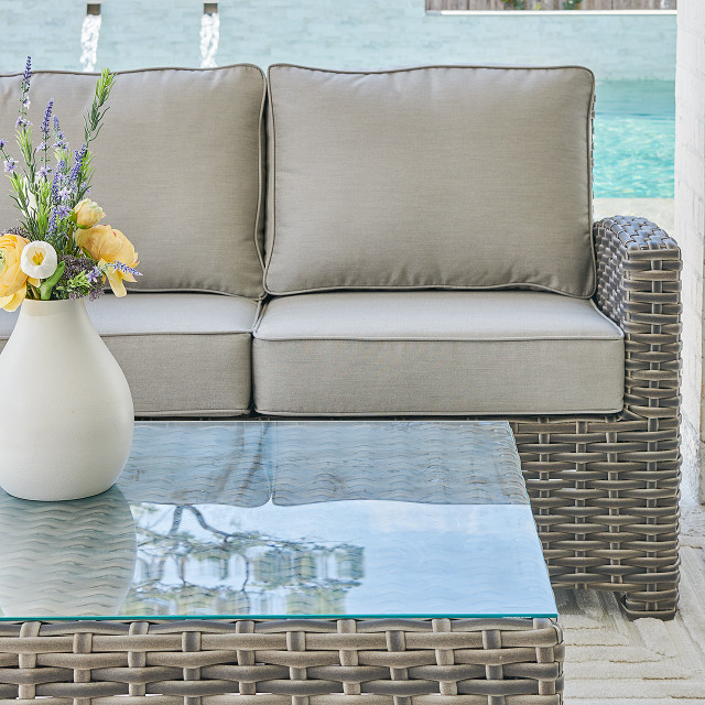 Contempo Husk Outdoor Wicker with Cushions 3 Piece Sofa Group + 32 in. Sq. Glass Top Coffee