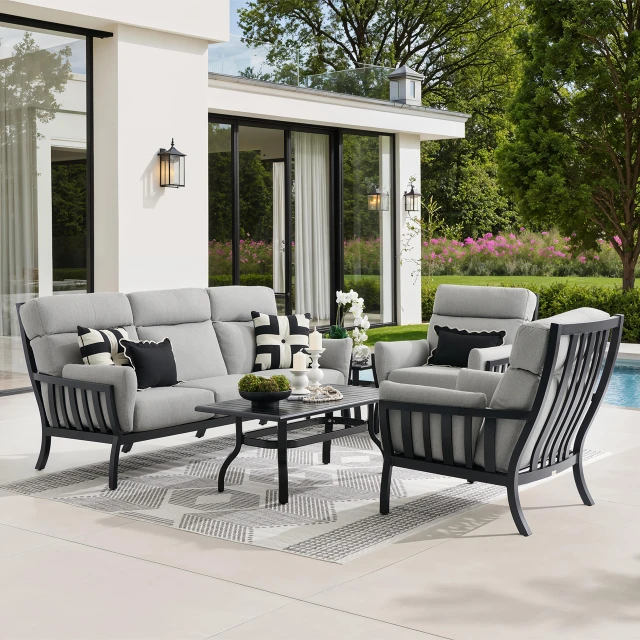 その他 Sofa With Table For sale Siena Coal Aluminum with Panama Stone Grey 3 Piece Sofa Group + 46