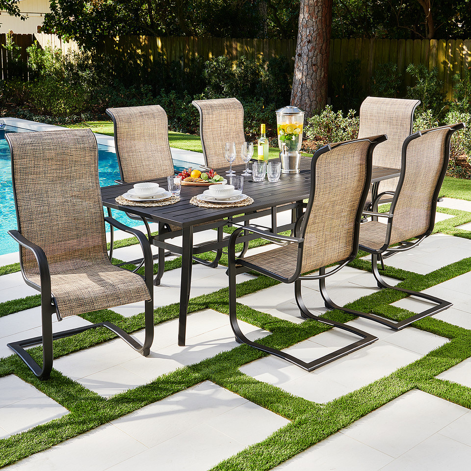 Cape Coral Aluminum and Sling 7 Pc. Spring Dining Set with 84 x 42 in