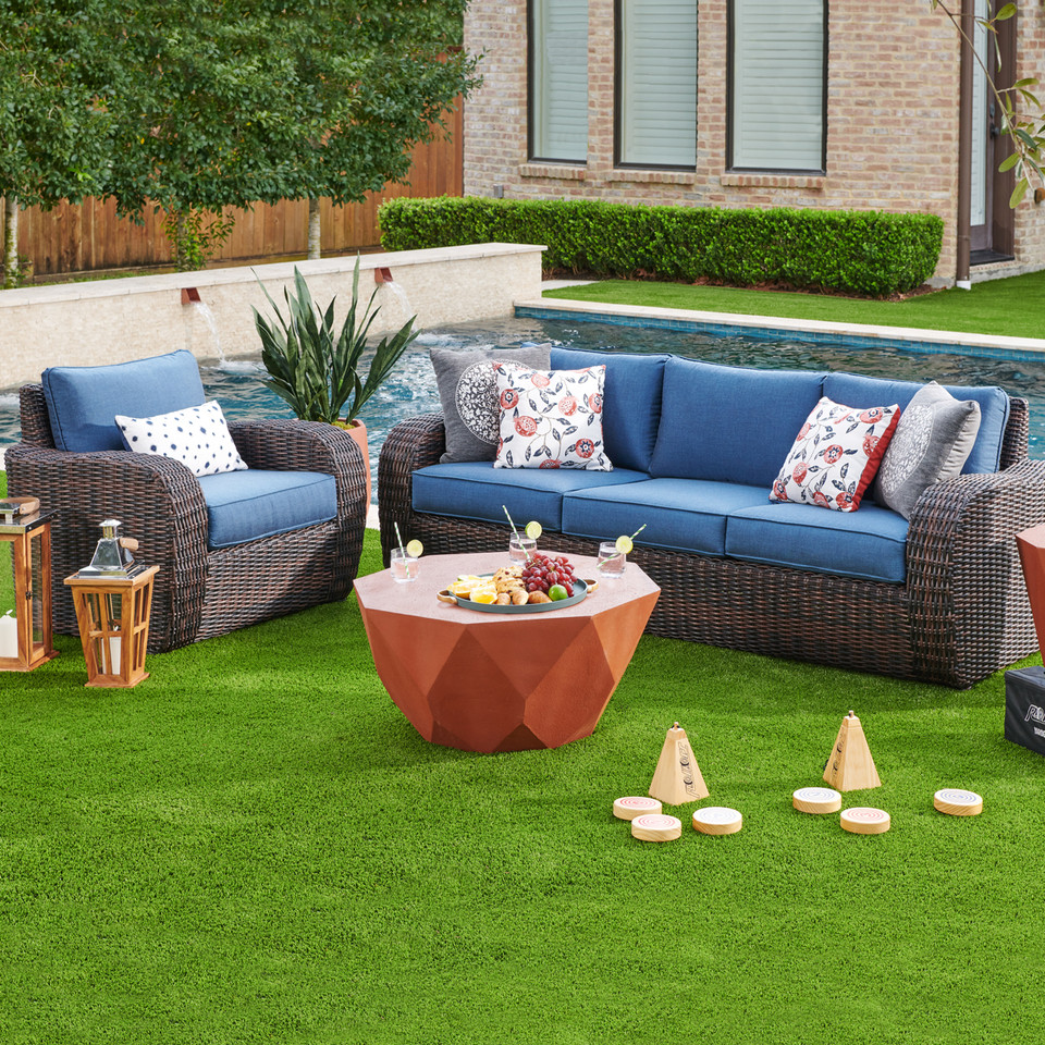 Biscayne Driftwood Outdoor Wicker with Cushions 3 Piece Sofa Group + 36 in. D Coffee Table