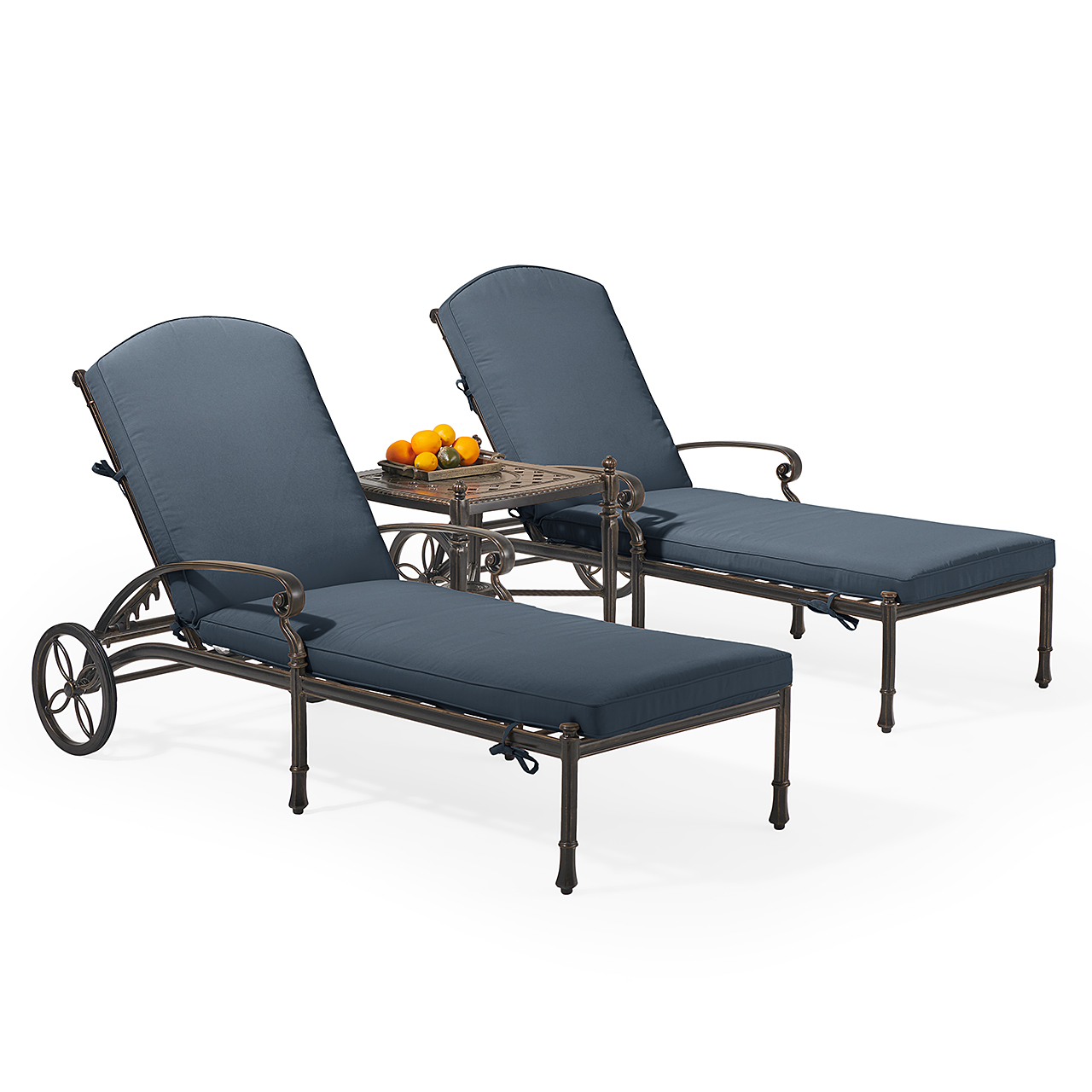 Melrose Midnight Gold Cast Aluminum with Cushions 3 Piece Chaise Lounge Set + 21 in. Sq. Side Table (Navy)