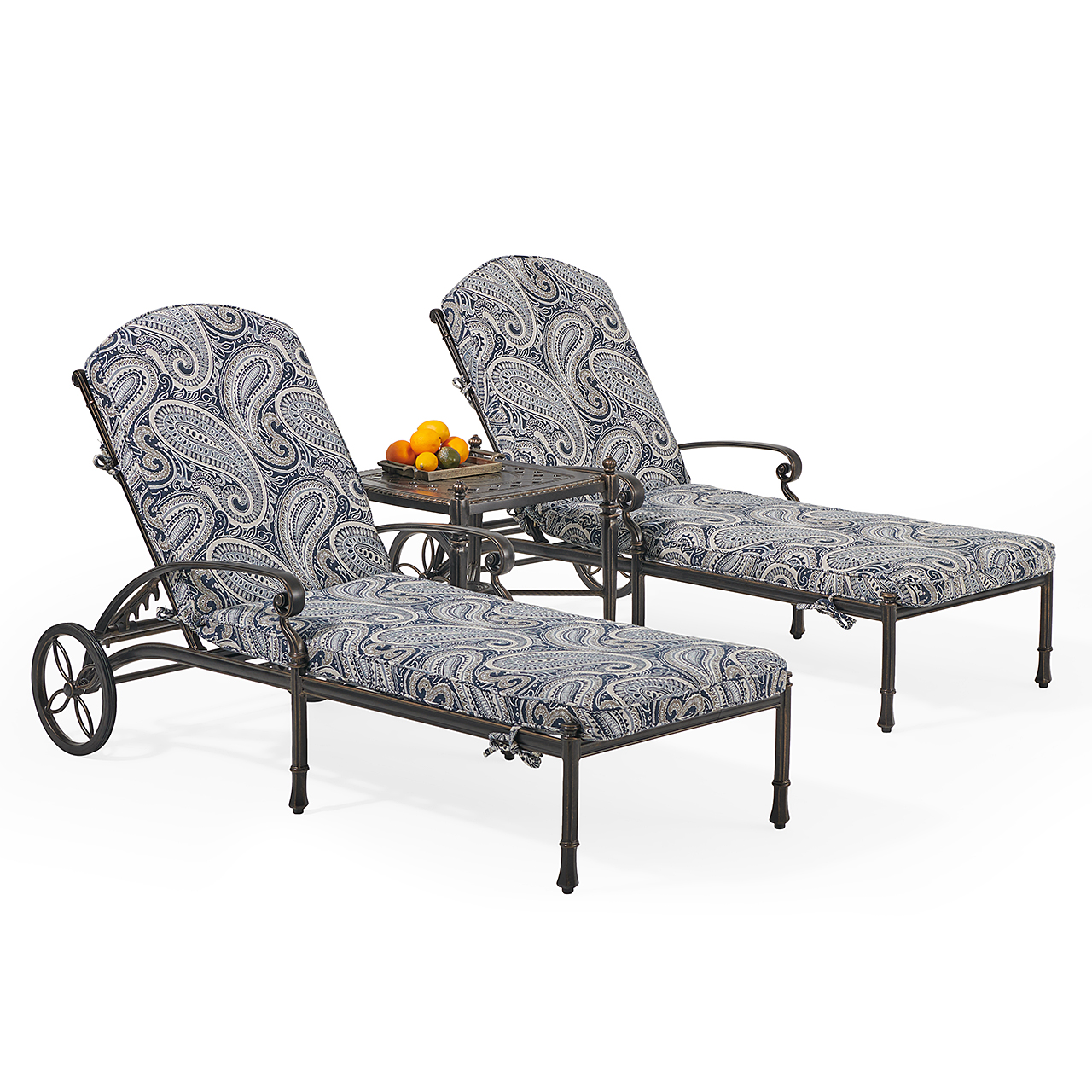Melrose Midnight Gold Cast Aluminum with Cushions 3 Piece Chaise Lounge Set + 21 in. Sq. Side Table (Royce Indigo)
