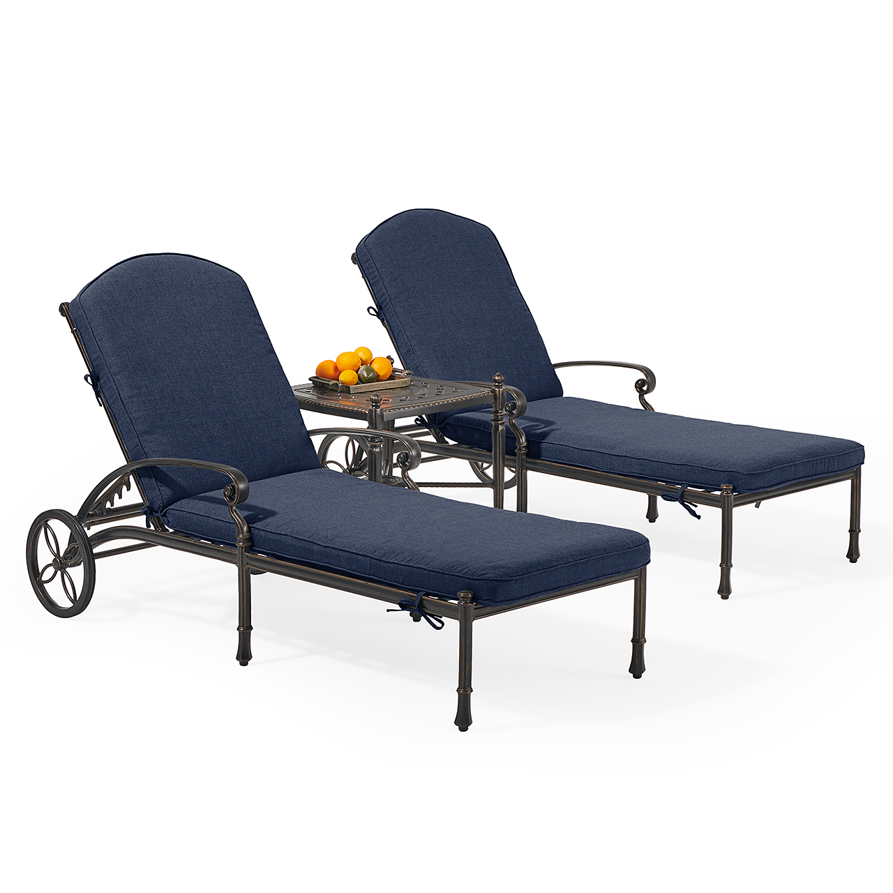 Melrose Midnight Gold Cast Aluminum with Cushions 3 Piece Chaise Lounge Set + 21 in. Sq. Side Table (Spectrum Indigo)