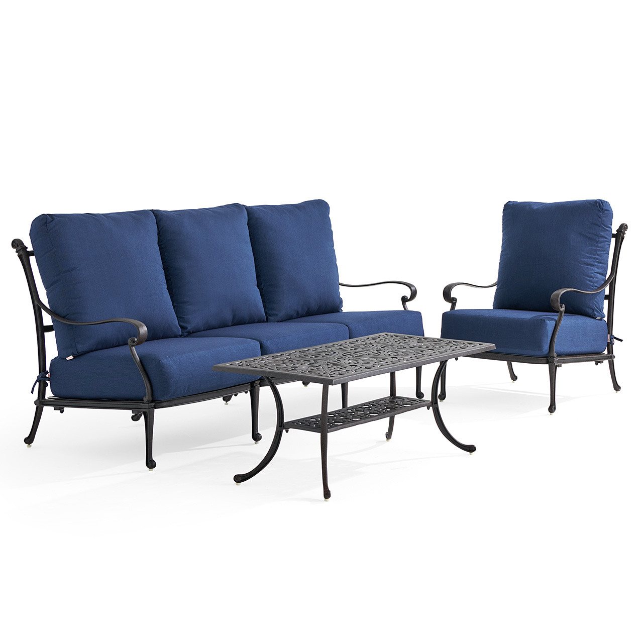 Naples Aged Bronze Cast Aluminum with Estate Cushions 3 Piece Sofa Group + 45 x 24 in. Coffee Table (Spectrum Indigo)