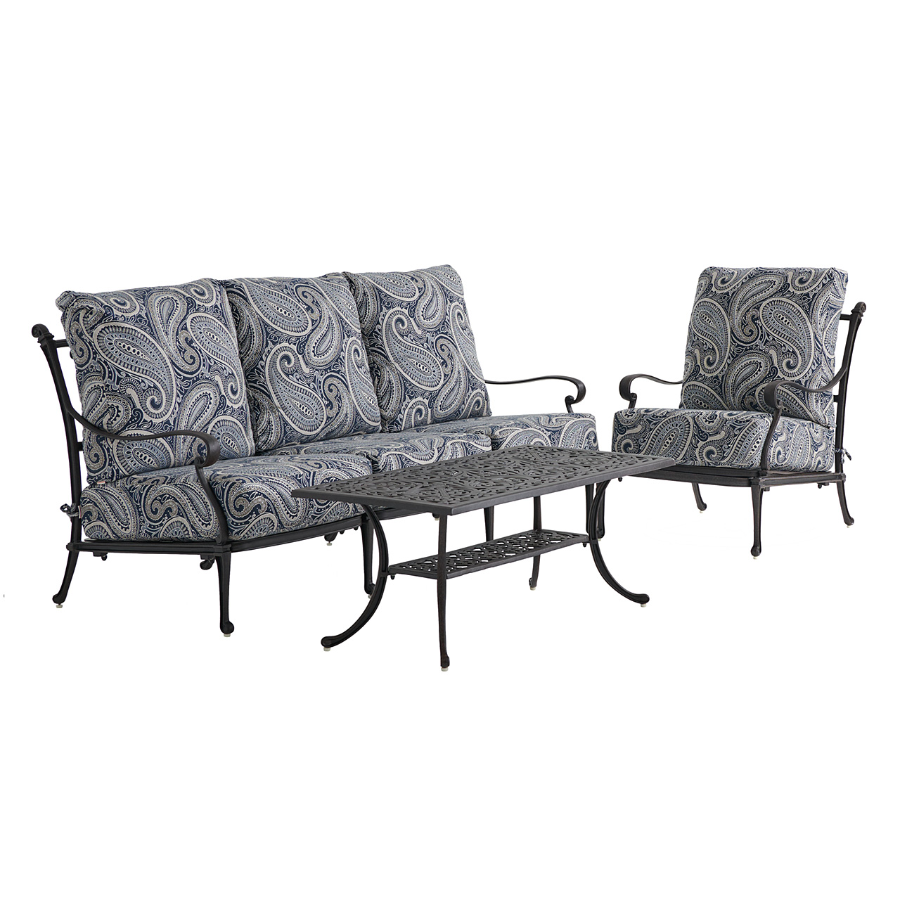 Naples Aged Bronze Cast Aluminum with Estate Cushions 3 Piece Sofa Group + 45 x 24 in. Coffee Table (Royce Indigo)