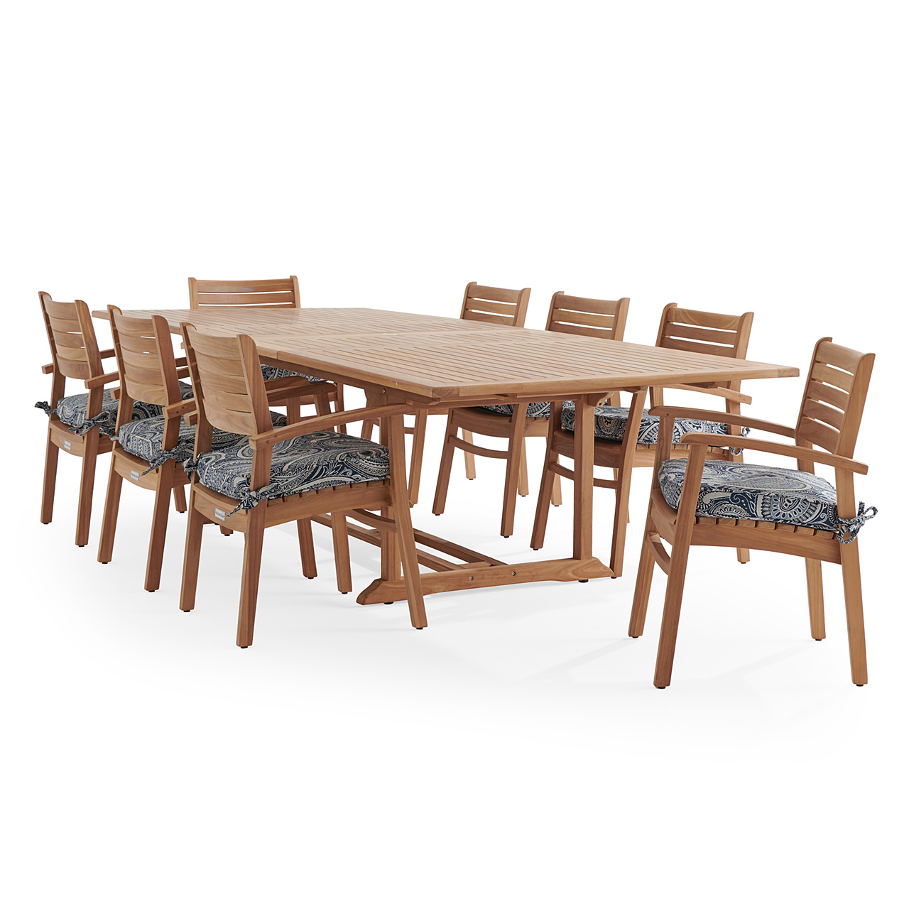 Warwick Teak with Cushions 9 Piece Dining Set + Bristol 87-118 x 47 in. Table (Royce Indigo)