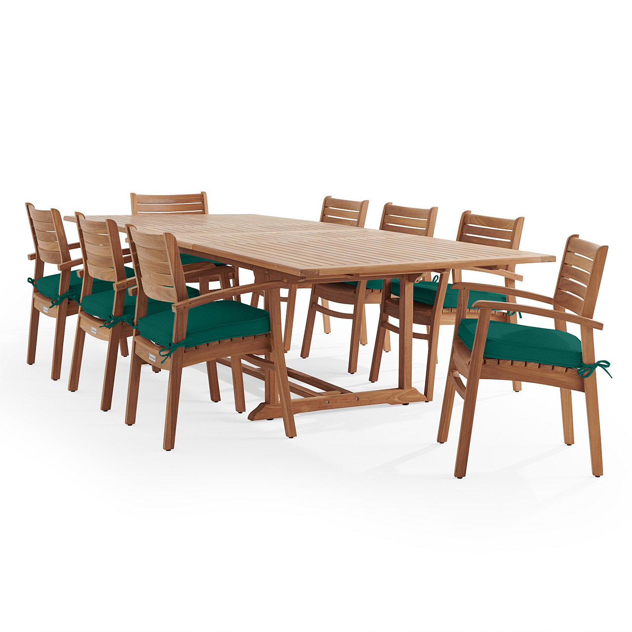 Warwick Teak with Cushions 9 Piece Dining Set + Bristol 87-118 x 47 in. Table (Canvas Forest Green)