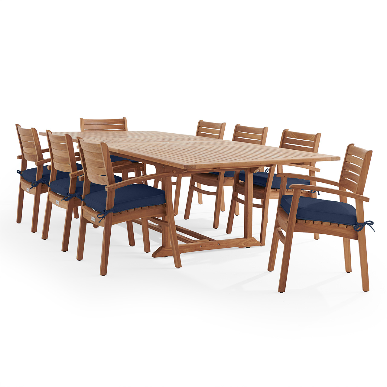 Warwick Teak with Cushions 9 Piece Dining Set + Bristol 87-118 x 47 in. Table (Spectrum Indigo)