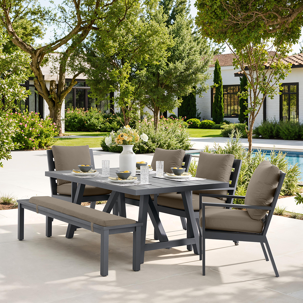 Montecito Charcoal Aluminum with Cushions 6 Piece Bench Dining Set + 70 x 40 in. Table (Canvas Taupe)