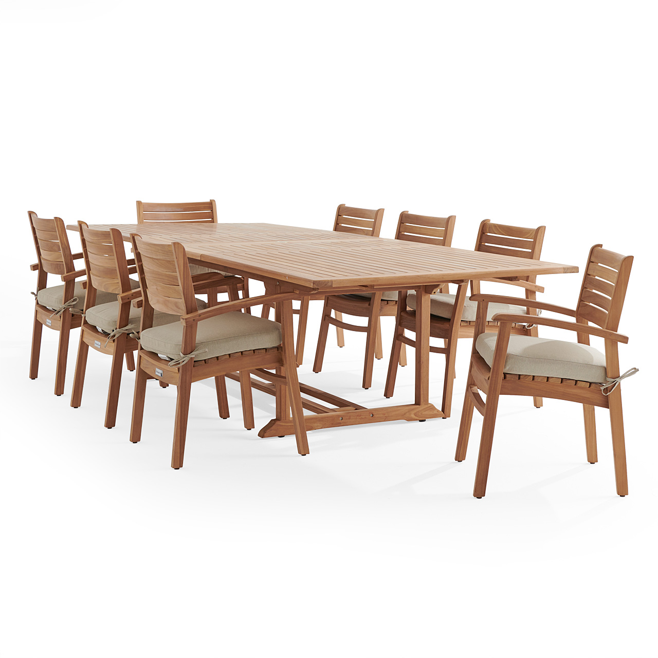 Warwick Teak with Cushions 9 Piece Dining Set + Bristol 87-118 x 47 in. Table (Beige)