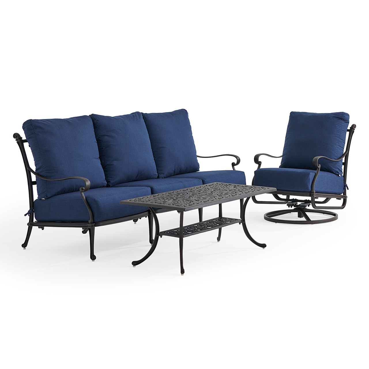 Naples Aged Bronze Cast Aluminum with Estate Cushions 3 Piece Swivel Sofa Group + 45 x 24 in. Coffee Table (Spectrum Indigo)