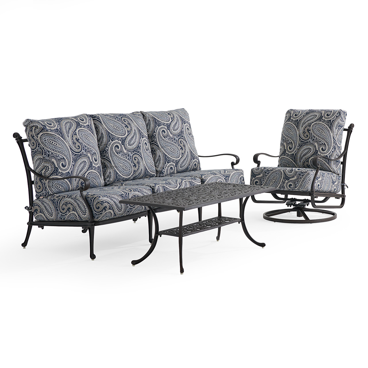 Naples Aged Bronze Cast Aluminum with Estate Cushions 3 Piece Swivel Sofa Group + 45 x 24 in. Coffee Table (Royce Indigo)