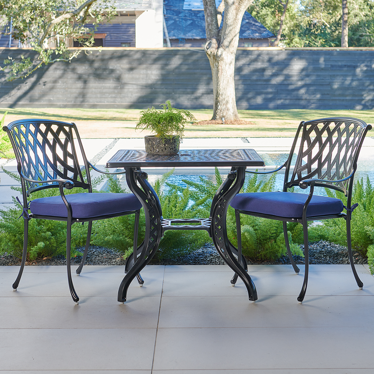 Tivoli Matte Black Cast Aluminum with Cushions 3 Piece Bistro Set + 32 in. Sq. Table (Tempo Navy)