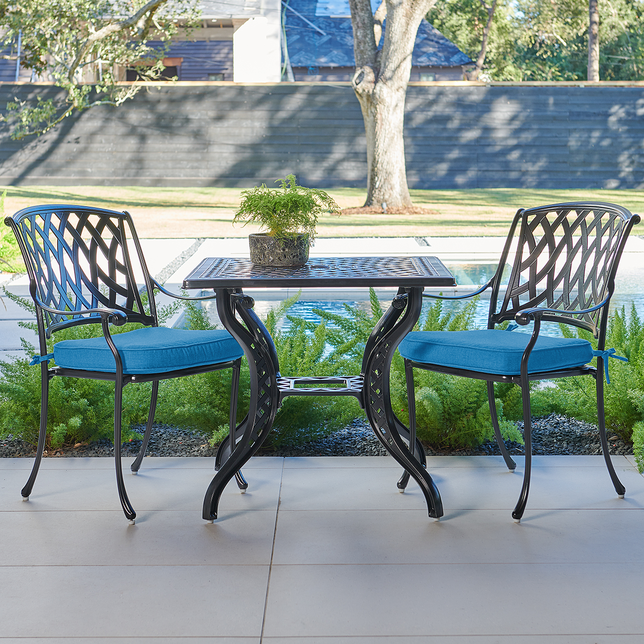 Tivoli Matte Black Cast Aluminum with Cushions 3 Piece Bistro Set + 32 in. Sq. Table (Canvas Regatta)
