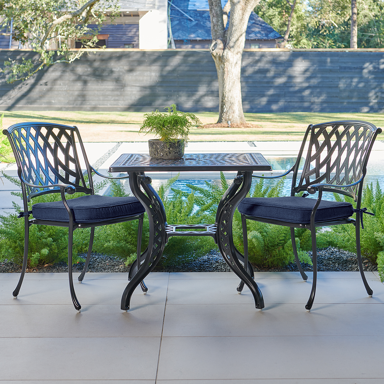 Tivoli Matte Black Cast Aluminum with Cushions 3 Piece Bistro Set + 32 in. Sq. Table (Spectrum Indigo)