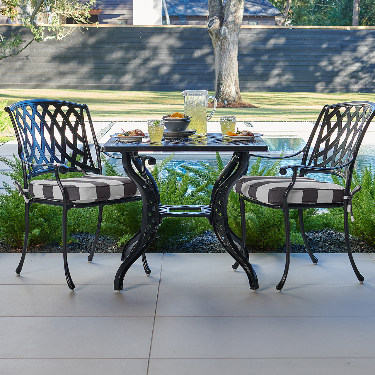 Tivoli Matte Black Cast Aluminum with Cushions 3 Piece Bistro Set + 32 in. Sq. Table (Cabana Classic)
